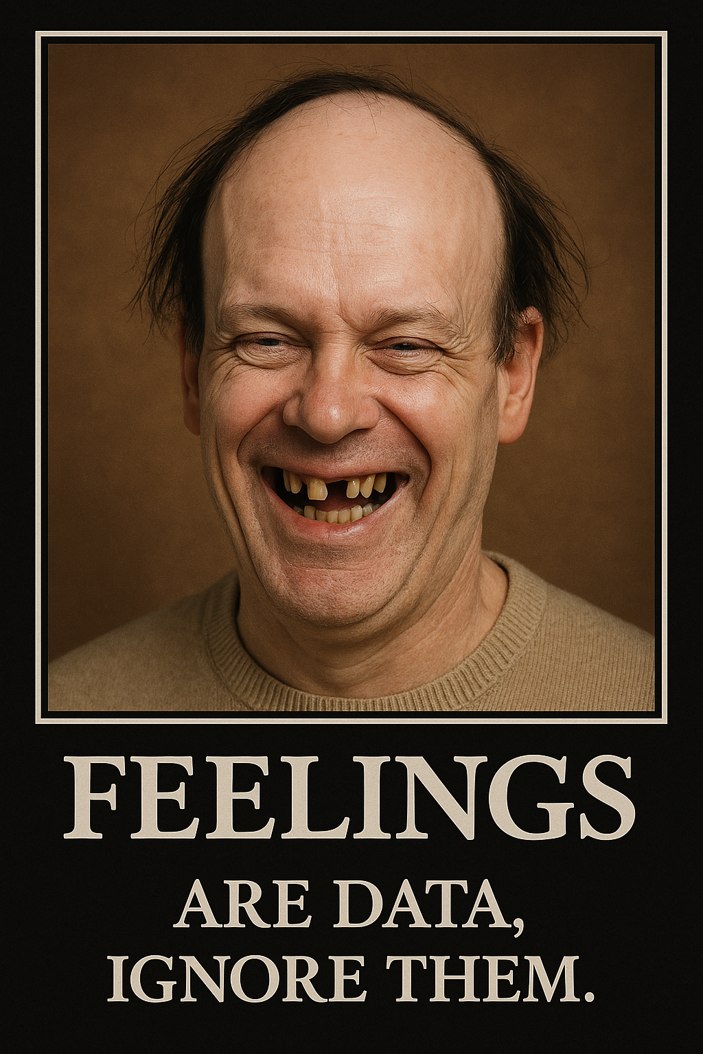 Norm Westervelt satire motivational poster: A man with missing teeth smiles intensely. Text below reads 'FEELINGS ARE DATA, IGNORE THEM.'